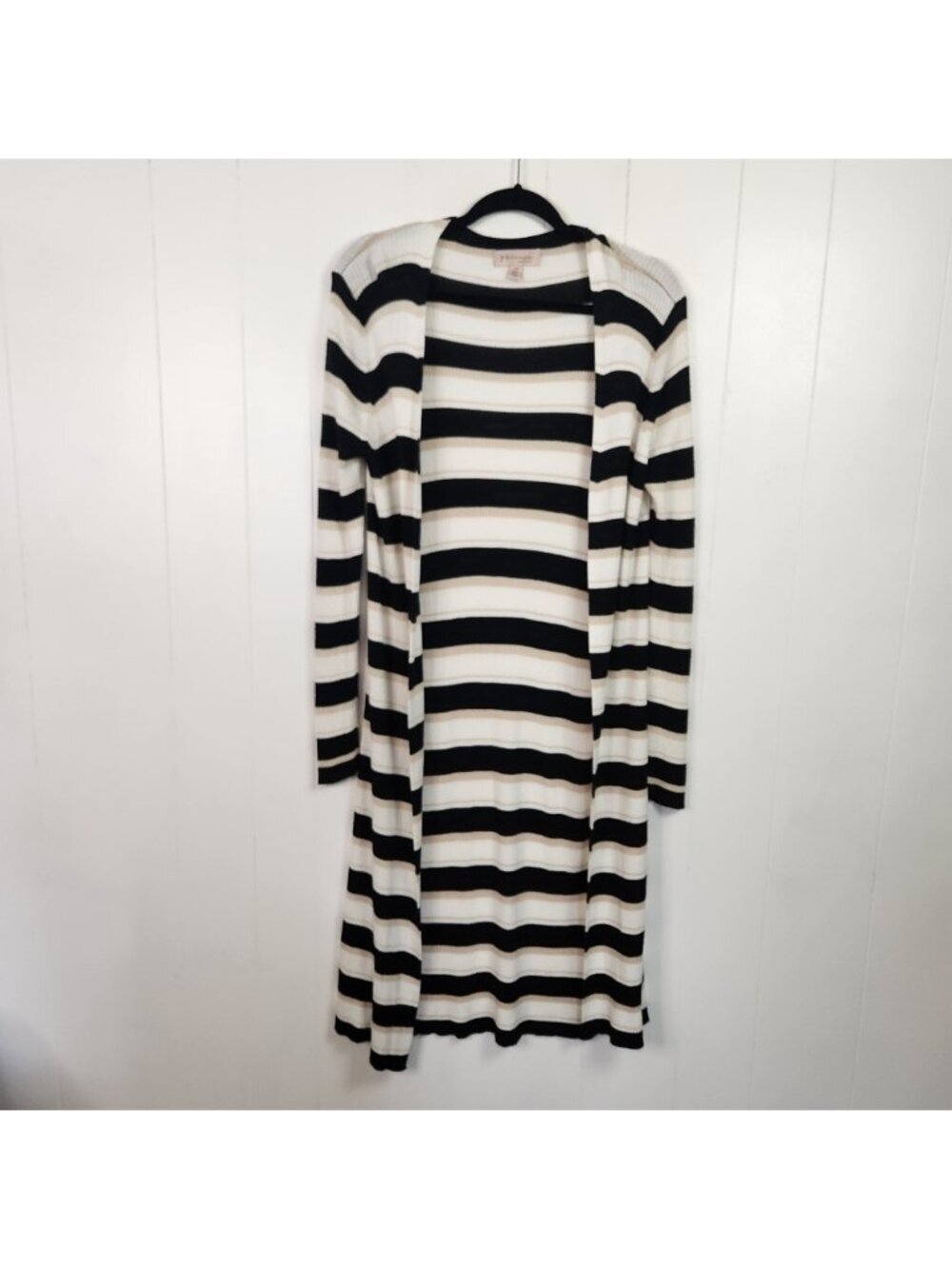 Philosophy Ribbed Open Front Long Cardigan Sweater Navy Stripe Size Large Office
